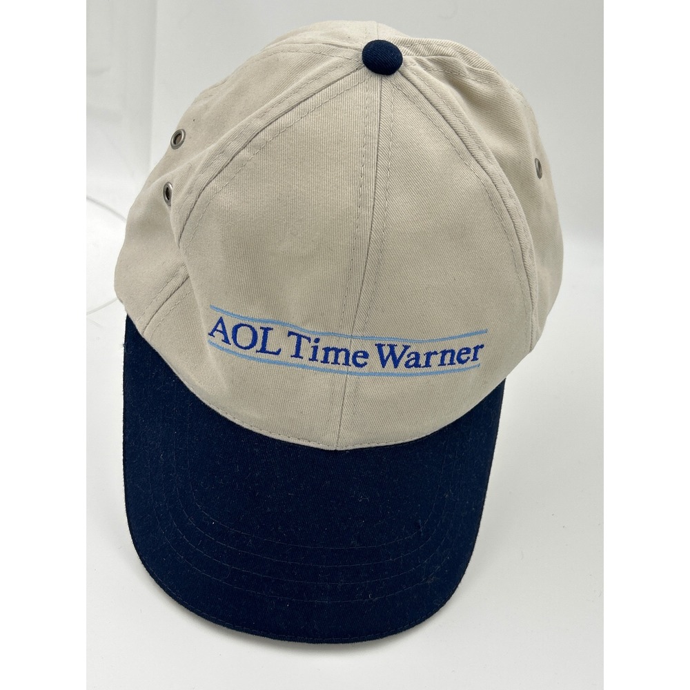Vintage AOL Time Warner Hat HeadShot KC Caps Two Tone Tan Navy Strapback Cap